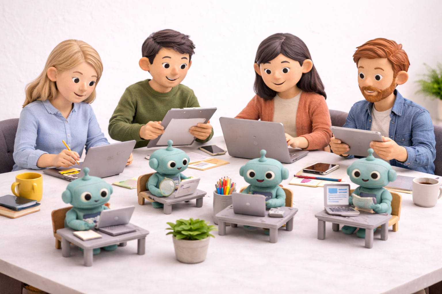 Diverse team working with AI agents